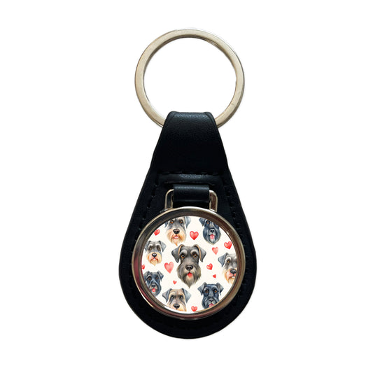 Cute Giant Schnauzer Dog Faces Hearts Black Leather Metal Keychain