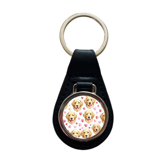 Cute Golden Retriever Dog Faces Hearts Black Leather Metal Keychain