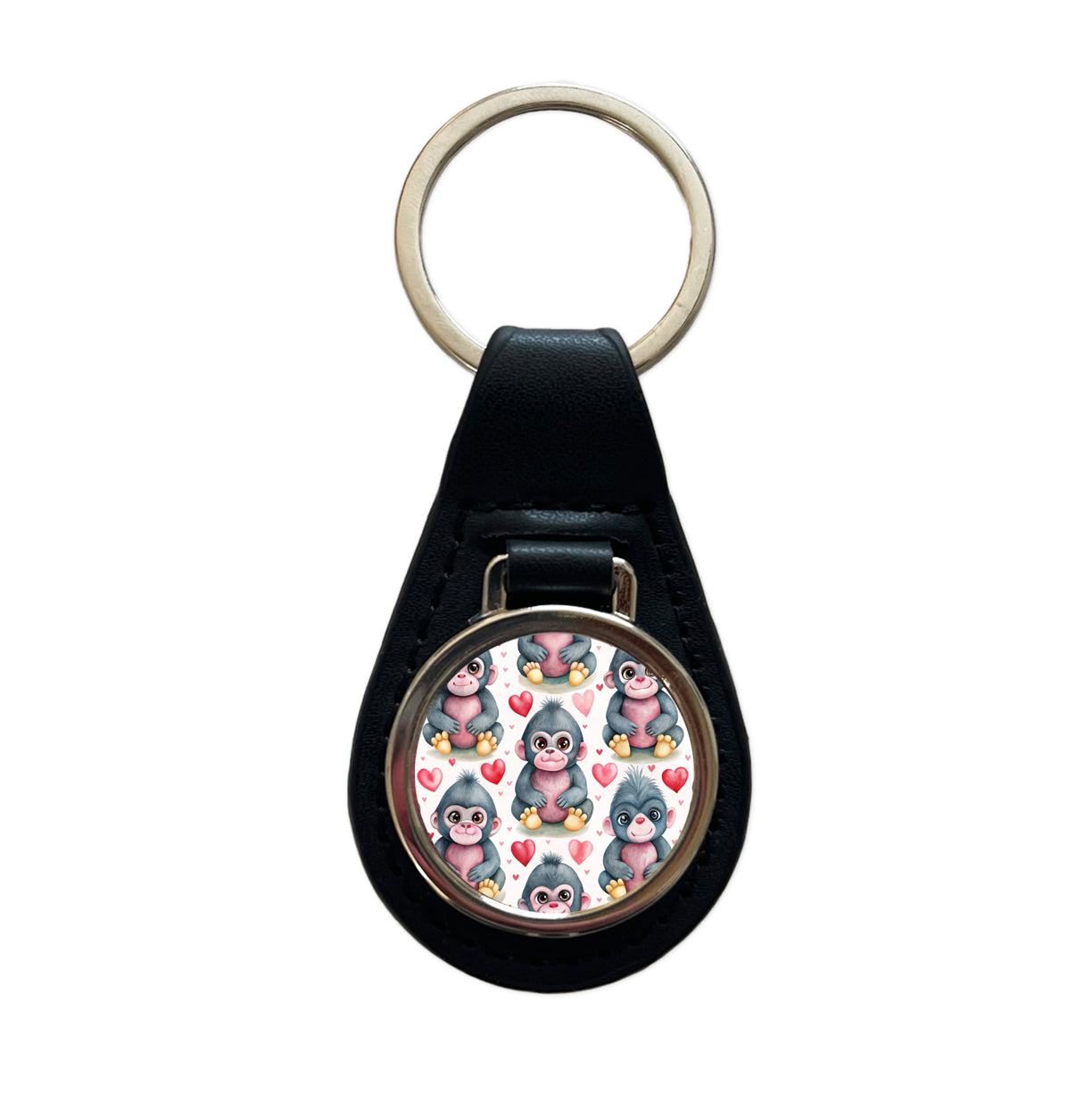 Cute Gorillas Hearts Watercolor Black Leather Metal Keychain