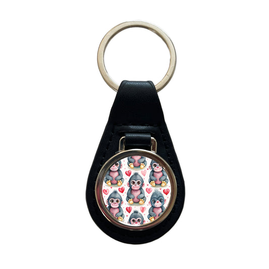 Cute Gorillas Hearts Watercolor Black Leather Metal Keychain
