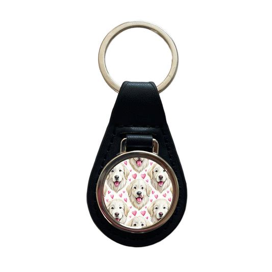Cute Great Pyrenees Dog Faces Hearts Black Leather Metal Keychain