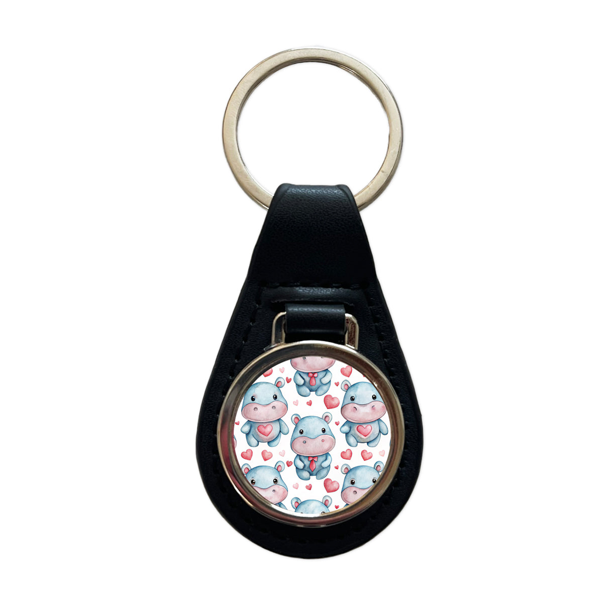 Cute Hippopotamus Hearts Watercolor Black Leather Metal Keychain