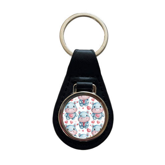 Cute Hippopotamus Hearts Watercolor Black Leather Metal Keychain