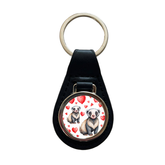 Cute Honey Badger Hearts Watercolor Black Leather Metal Keychain