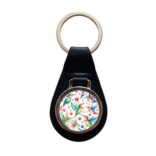 Cute Hummingbirds Hearts Watercolor Black Leather Metal Keychain