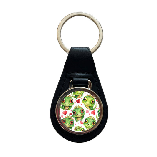 Cute Iguanas Hearts Watercolor Black Leather Metal Keychain
