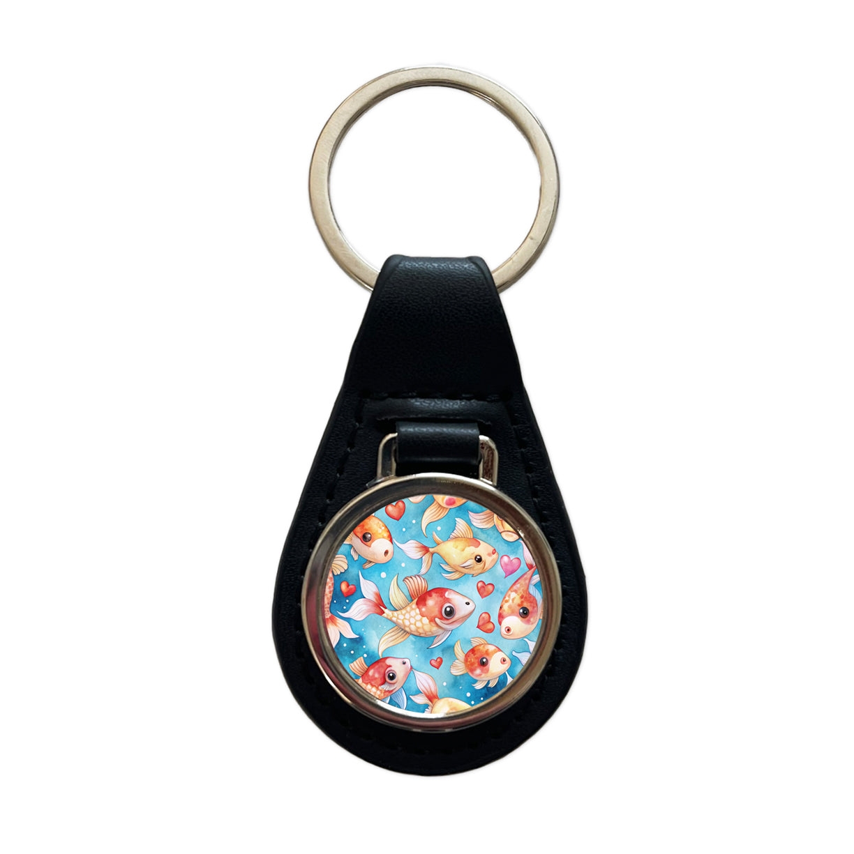 Cute Koi Fishes Hearts Watercolor Black Leather Metal Keychain