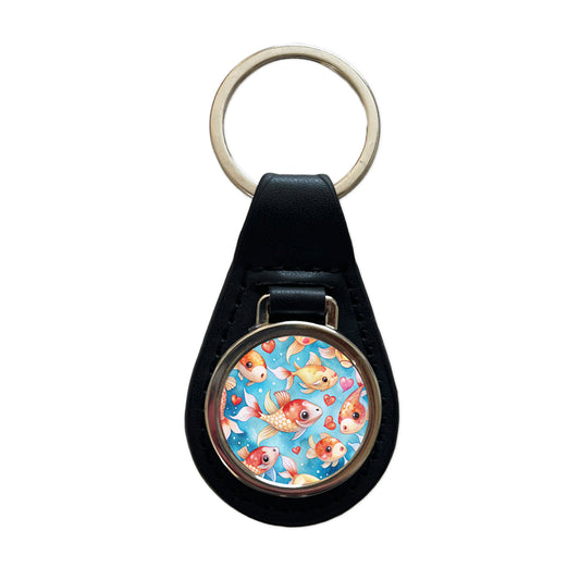 Cute Koi Fishes Hearts Watercolor Black Leather Metal Keychain