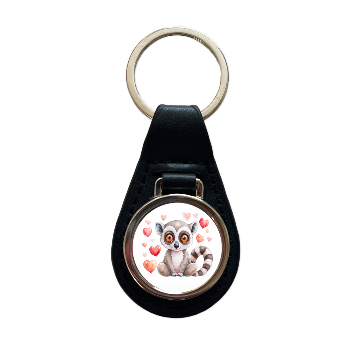 Cute Lemur Hearts Watercolor Black Leather Metal Keychain