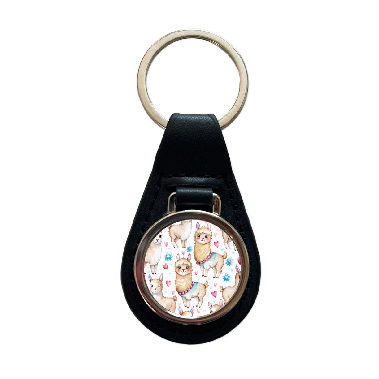 Cute Llamas Hearts Watercolor Black Leather Metal Keychain