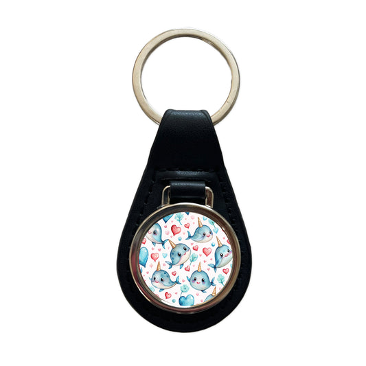 Cute Narwhals Hearts Watercolor Black Leather Metal Keychain