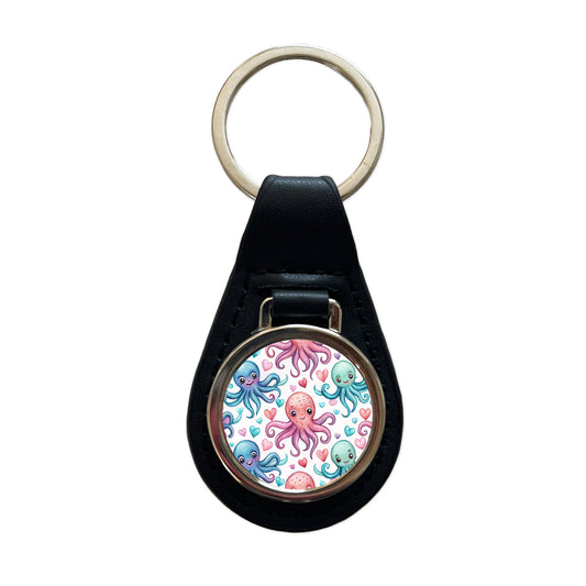 Cute Octopus Hearts Watercolor Black Leather Metal Keychain