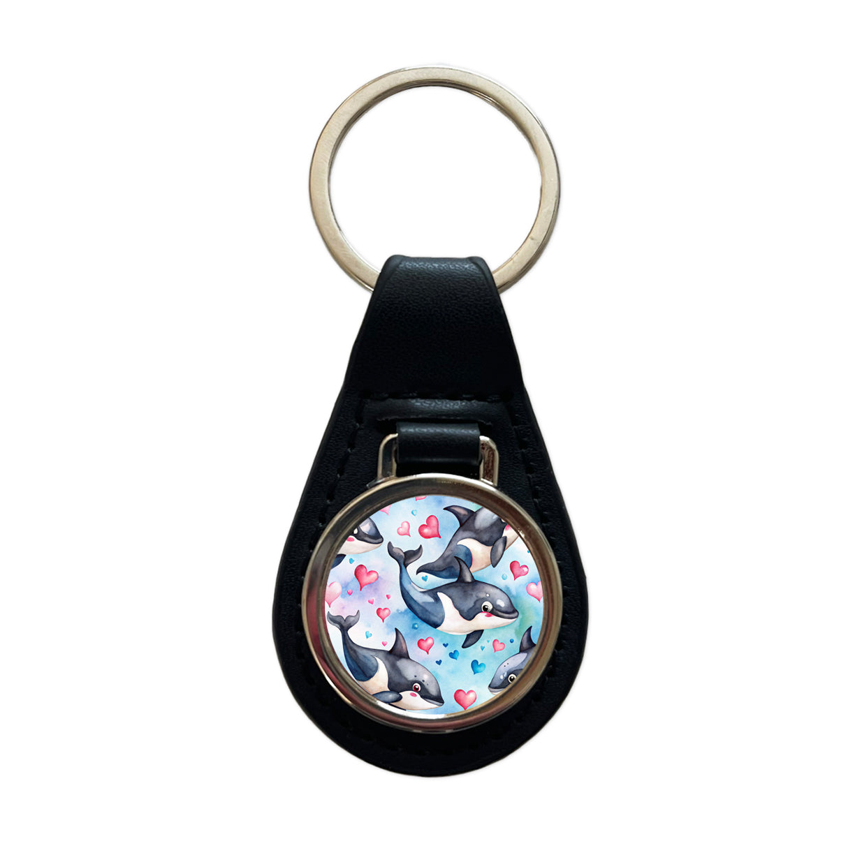 Cute Orcas Whales Hearts Watercolor Black Leather Metal Keychain