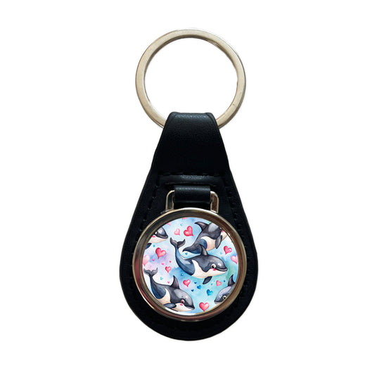 Cute Orcas Whales Hearts Watercolor Black Leather Metal Keychain