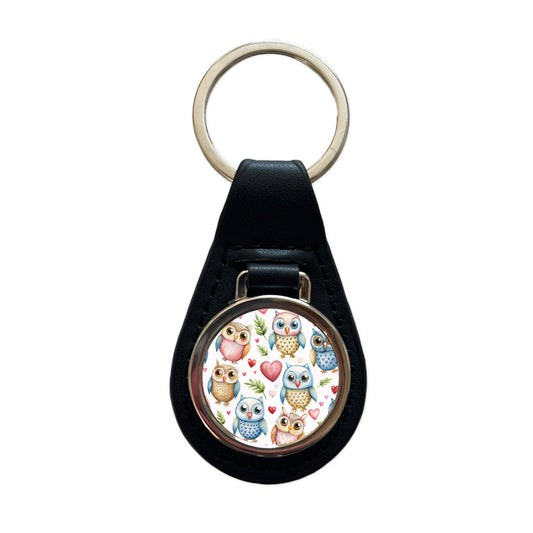 Cute Owls Hearts Watercolor Black Leather Metal Keychain