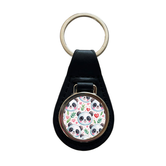 Cute Panda Faces Hearts Watercolor Black Leather Metal Keychain