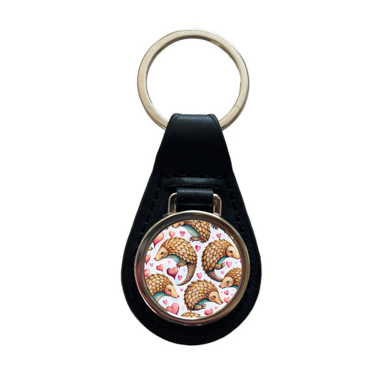 Cute Pangolin Hearts Watercolor Black Leather Metal Keychain