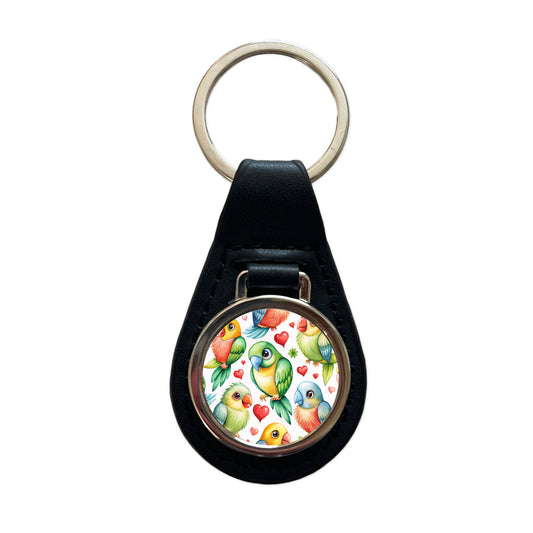 Cute Parrots Hearts Watercolor Black Leather Metal Keychain