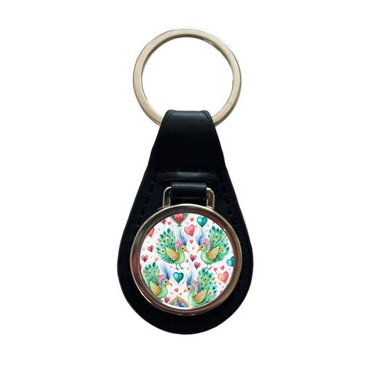 Cute Peacocks Hearts Watercolor Black Leather Metal Keychain