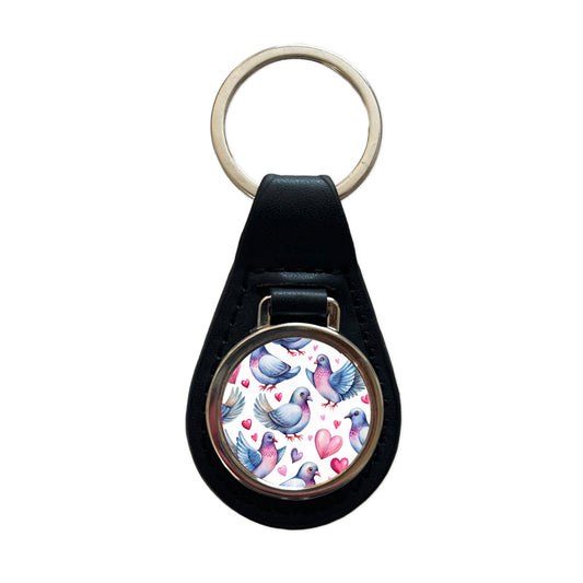 Cute Pigeons Hearts Watercolor Black Leather Metal Keychain