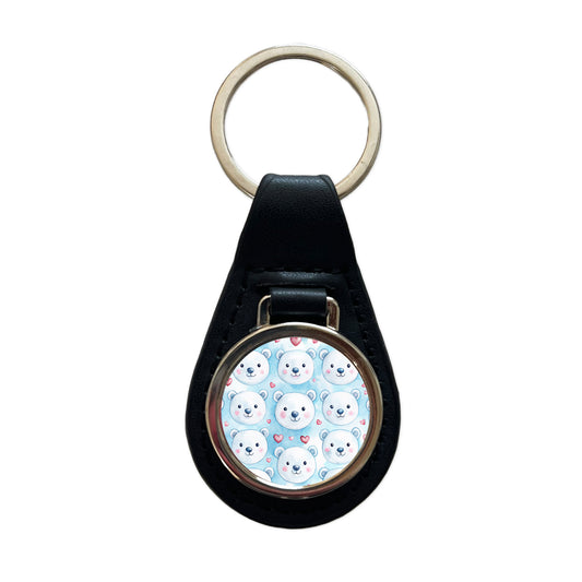 Cute Polar Bear Faces Hearts Black Leather Metal Keychain