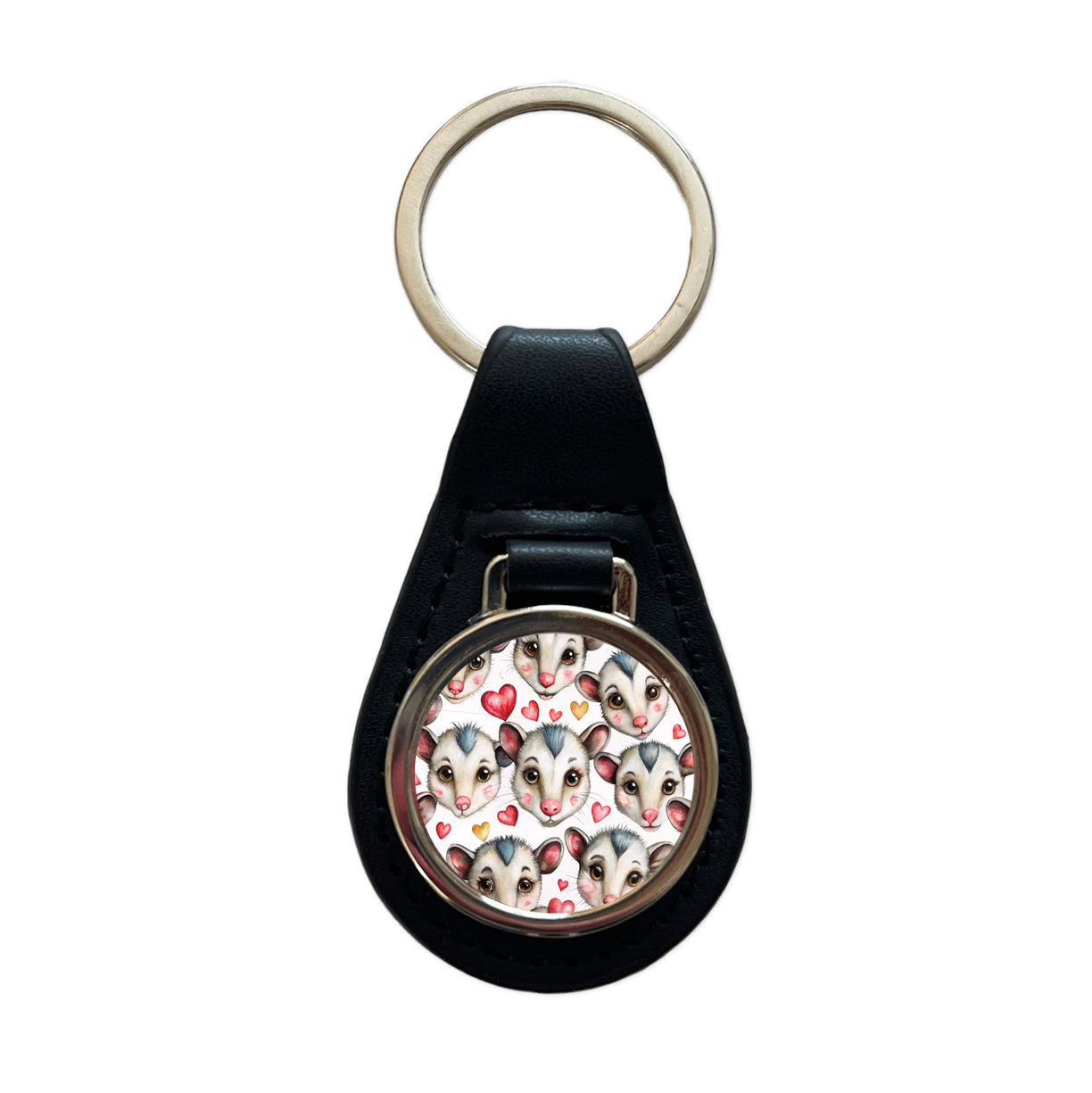 Cute Possum Faces Hearts Watercolor Black Leather Metal Keychain