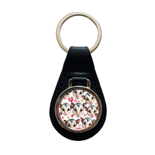 Cute Possum Faces Hearts Watercolor Black Leather Metal Keychain