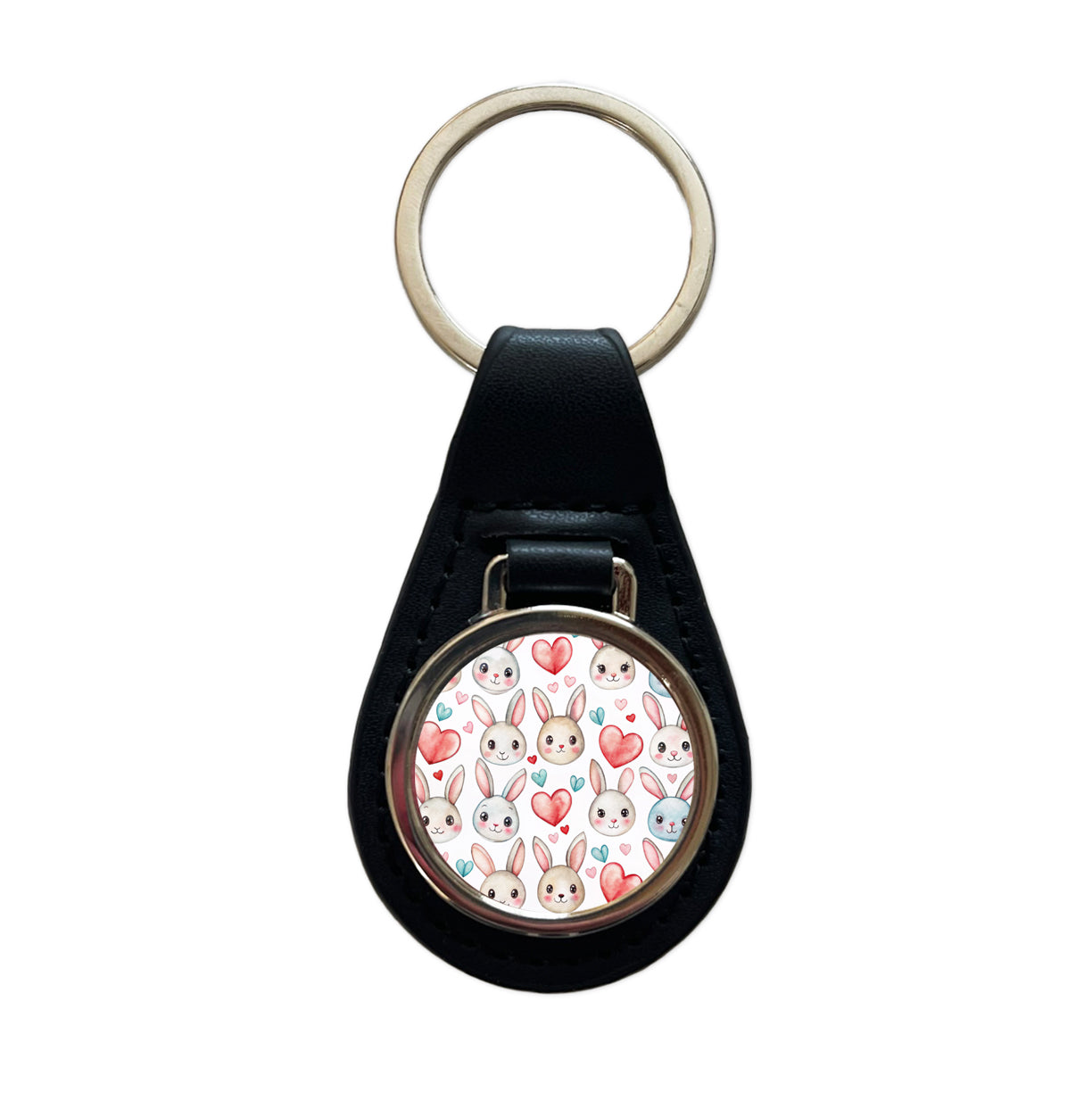 Cute Rabbit Bunny Faces Hearts Easter Black Leather Metal Keychain