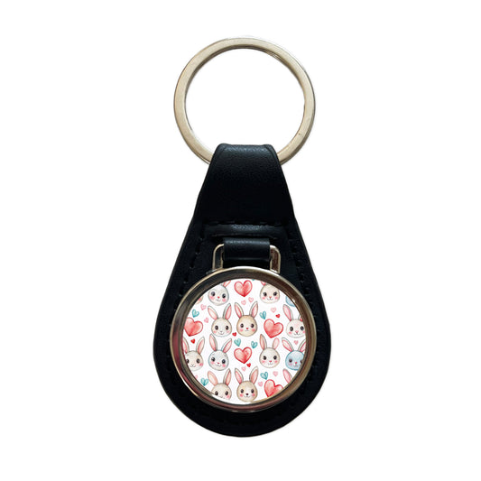 Cute Rabbit Bunny Faces Hearts Easter Black Leather Metal Keychain