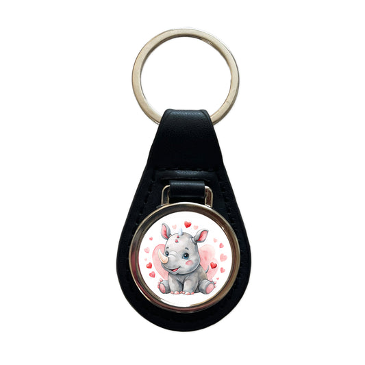 Cute Rhinoceros Hearts Watercolor Black Leather Metal Keychain