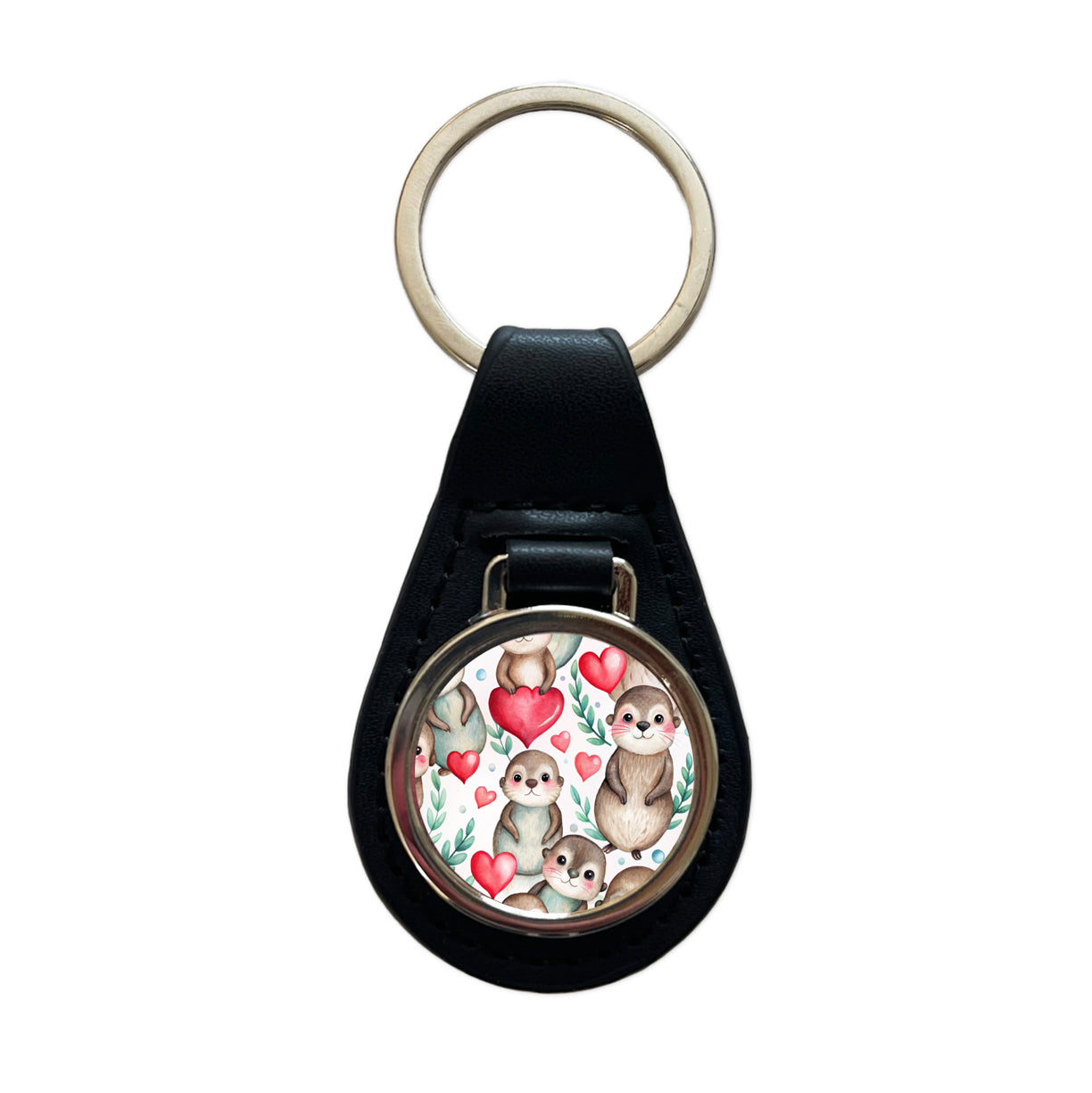 Cute River Otter Hearts Watercolor Black Leather Metal Keychain