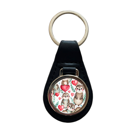 Cute River Otter Hearts Watercolor Black Leather Metal Keychain