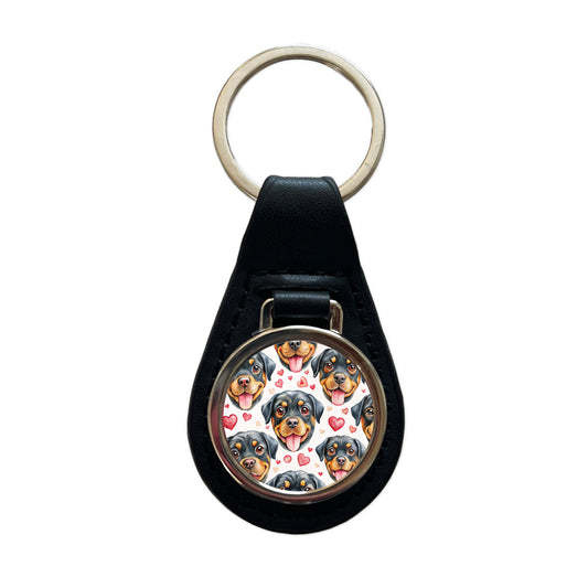 Cute Rottweiler Dog Faces Hearts Black Leather Metal Keychain