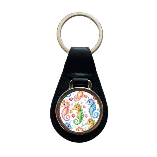 Cute Seahorses Hearts Watercolor Black Leather Metal Keychain