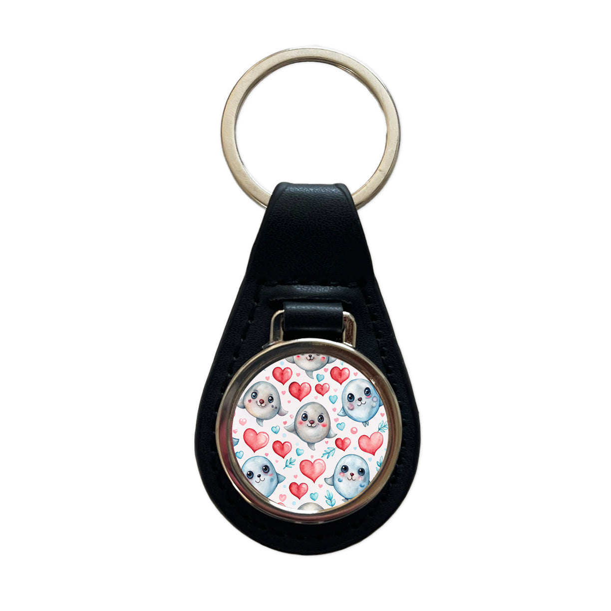 Cute Seals Hearts Watercolor Black Leather Metal Keychain