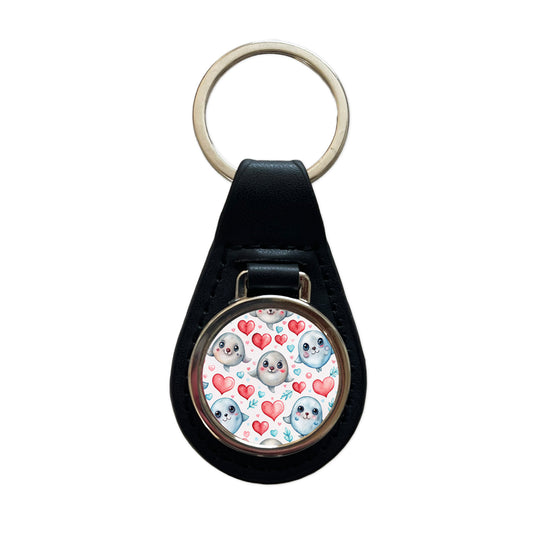Cute Seals Hearts Watercolor Black Leather Metal Keychain