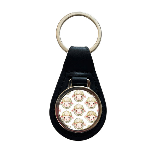Cute Sheep Faces Watercolor Black Leather Metal Keychain