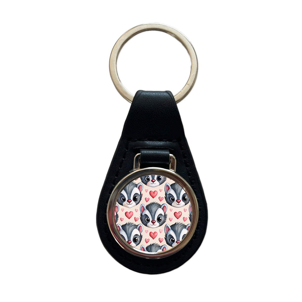 Cute Skunk Faces Hearts Watercolor Black Leather Metal Keychain