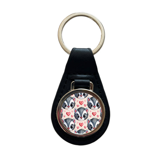 Cute Skunk Faces Hearts Watercolor Black Leather Metal Keychain