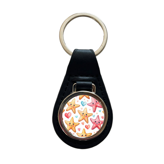 Cute Starfish Hearts Watercolor Black Leather Metal Keychain