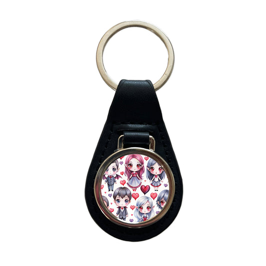 Cute Vampires Hearts Watercolor Black Leather Metal Keychain