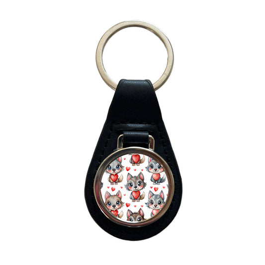 Cute Werewolves Hearts Watercolor Black Leather Metal Keychain