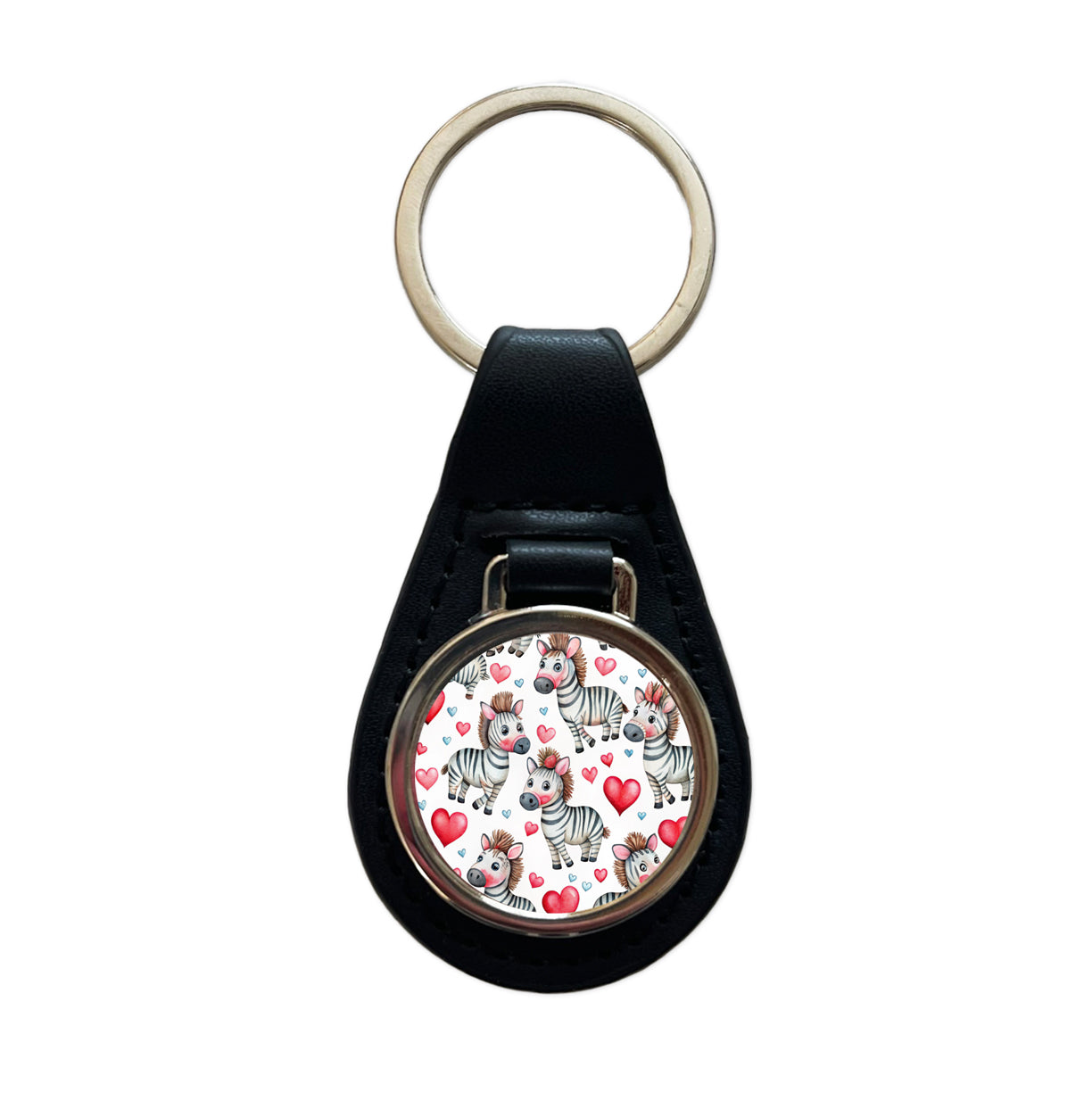 Cute Zebras Hearts Watercolor Black Leather Metal Keychain