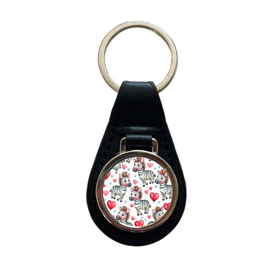 Cute Zebras Hearts Watercolor Black Leather Metal Keychain