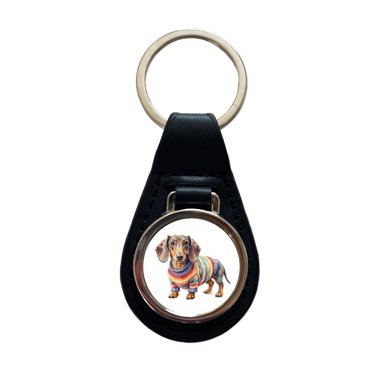 Dachshund Dog Wearing A Sweater Watercolor Black Leather Metal Keychain