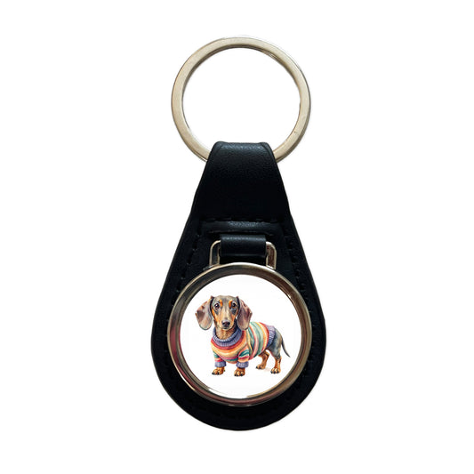 Dachshund Dog Wearing A Sweater Watercolor Black Leather Metal Keychain