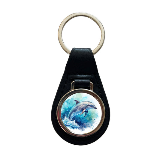 Dolphin In Ocean Watercolor Black Leather Metal Keychain