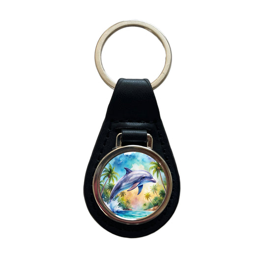Dolphin Tropical Watercolor Design Black Leather Metal Keychain
