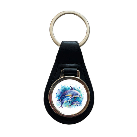 Dolphins Family Watercolor Design Black Leather Metal Keychain