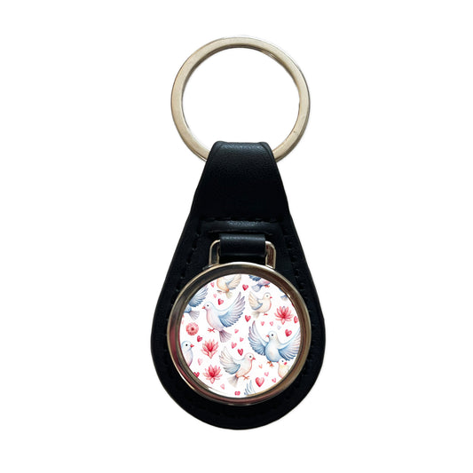 Doves Hearts Watercolor Black Leather Metal Keychain